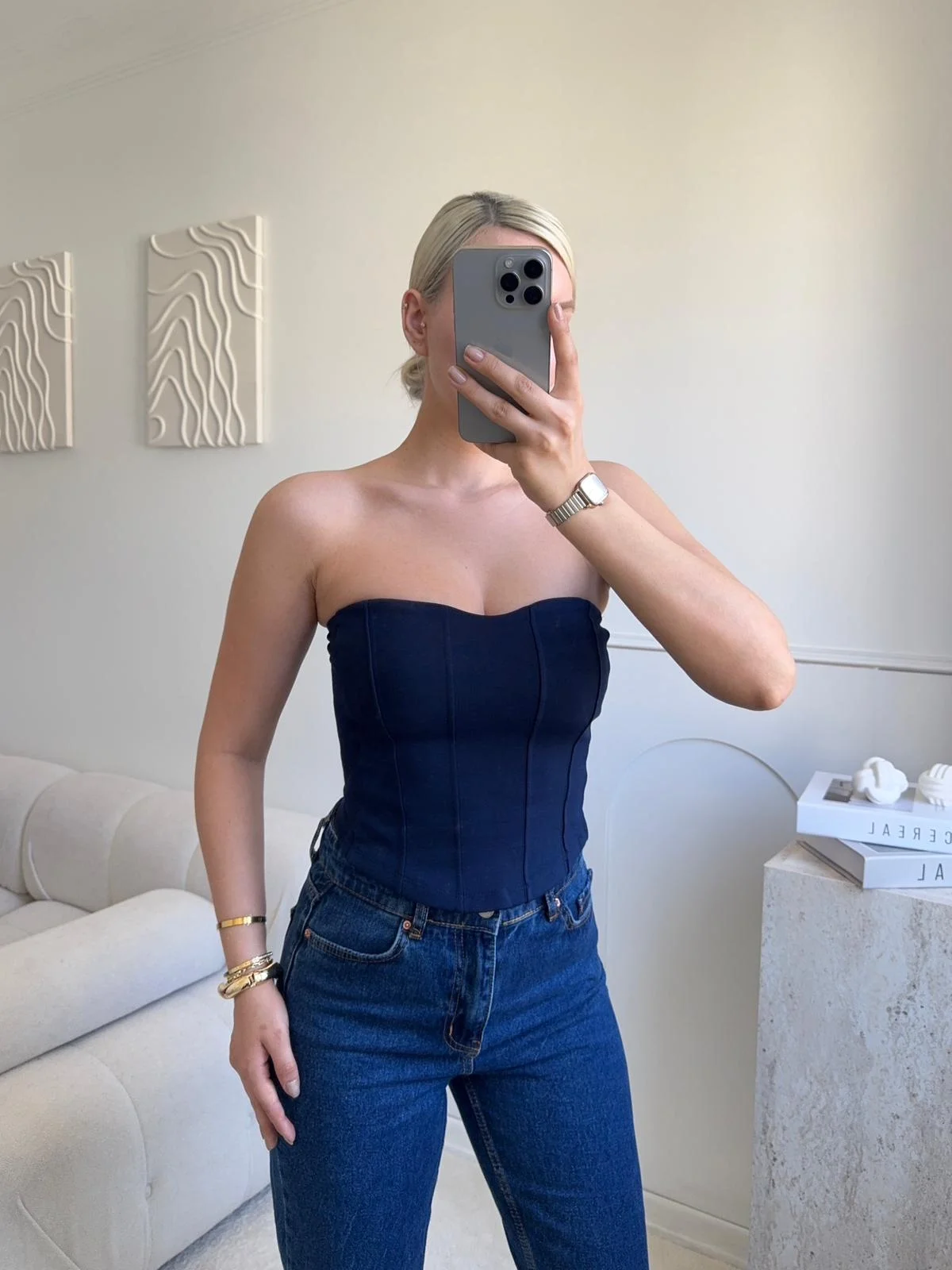 Biyeli Straplez Crop - LACİVERT