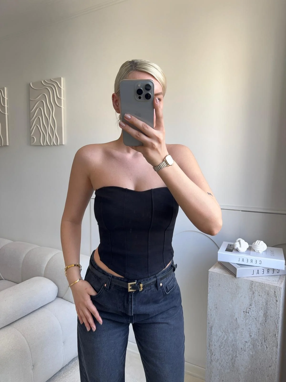 Biyeli Straplez Crop - SİYAH