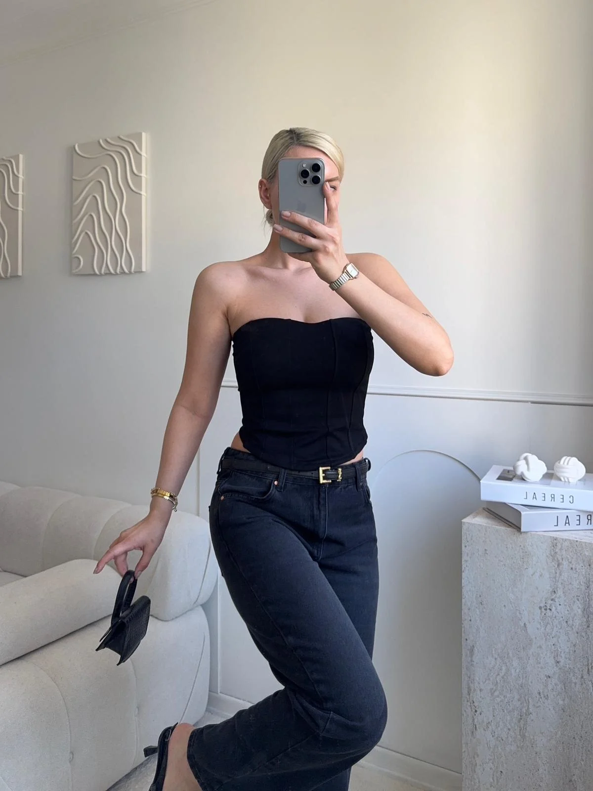 Biyeli Straplez Crop - SİYAH