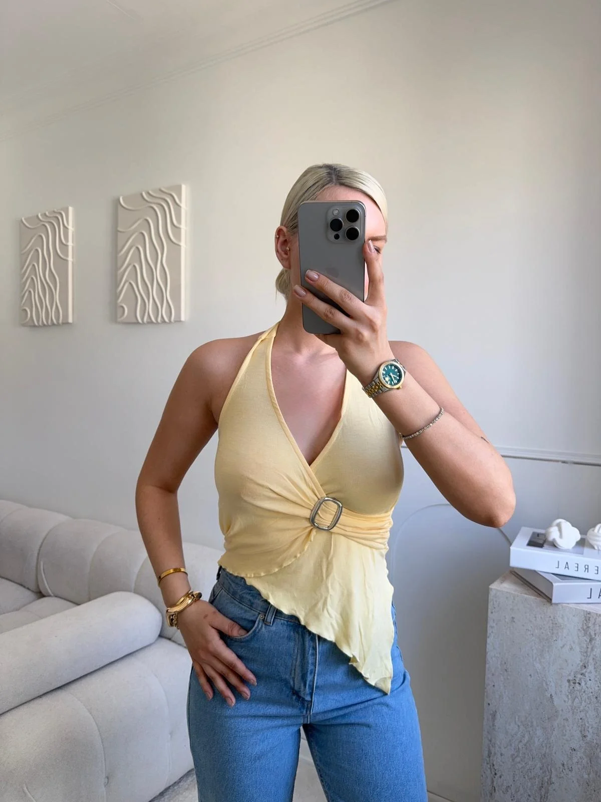 Kruvaze Tokalı Crop - SARI