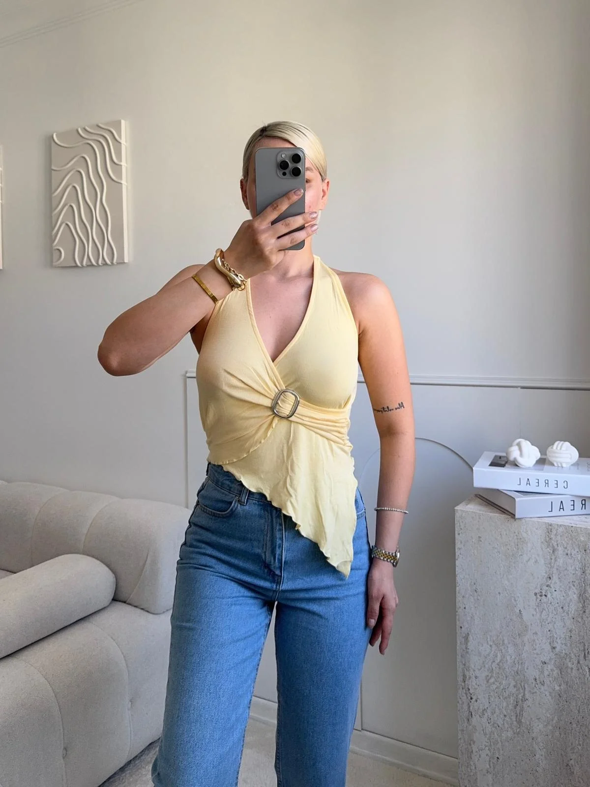 Kruvaze Tokalı Crop - SARI