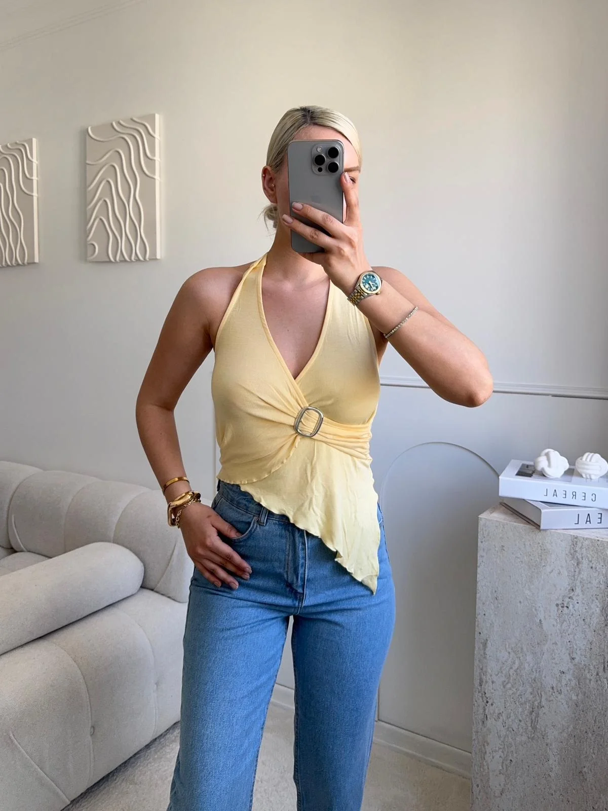 Kruvaze Tokalı Crop - SARI