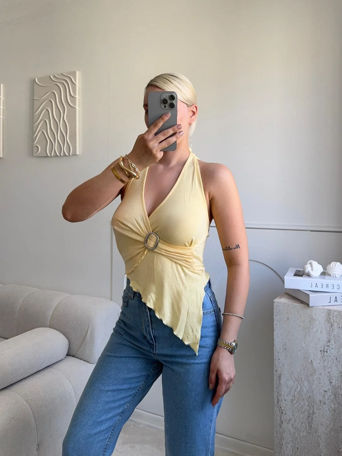 Kruvaze Tokalı Crop - SARI