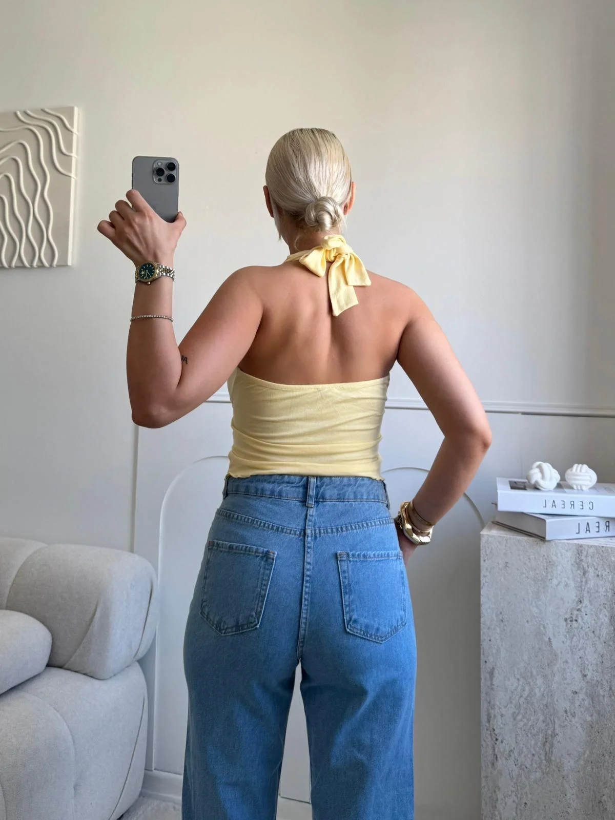 Kruvaze Tokalı Crop - SARI