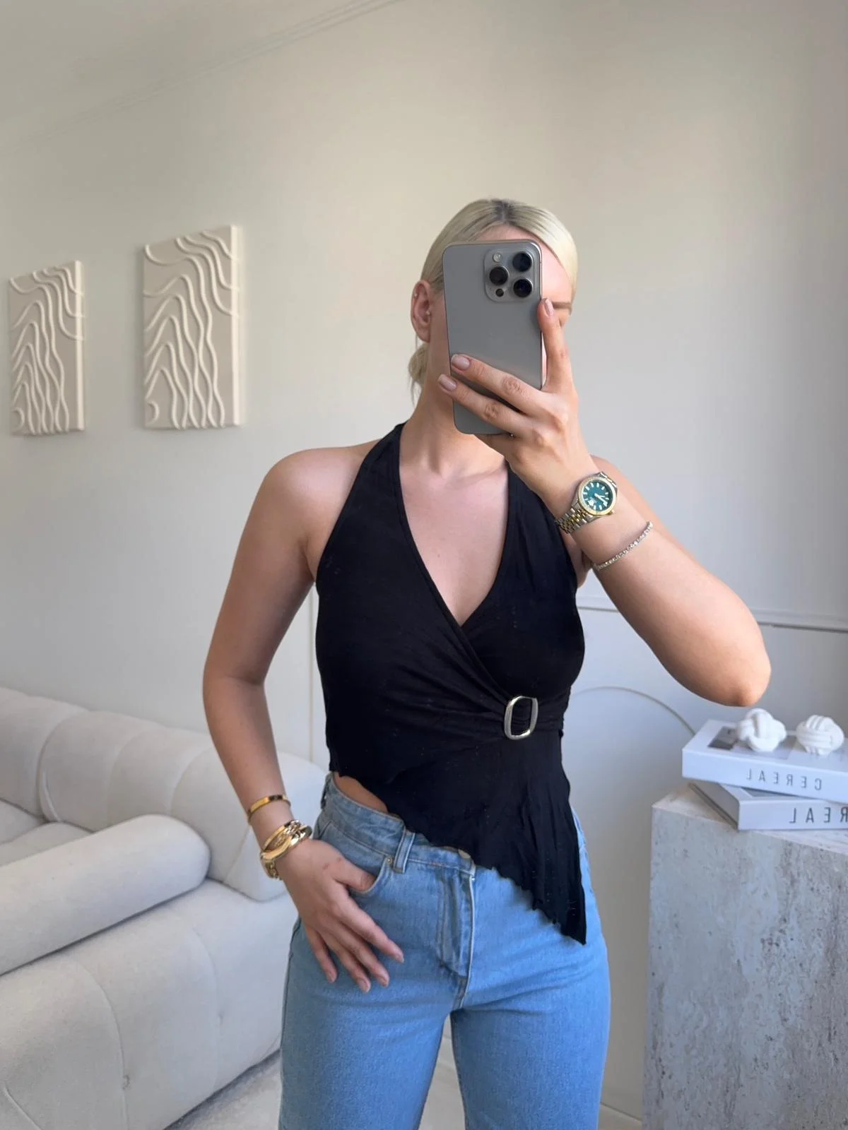 Kruvaze Tokalı Crop - SİYAH