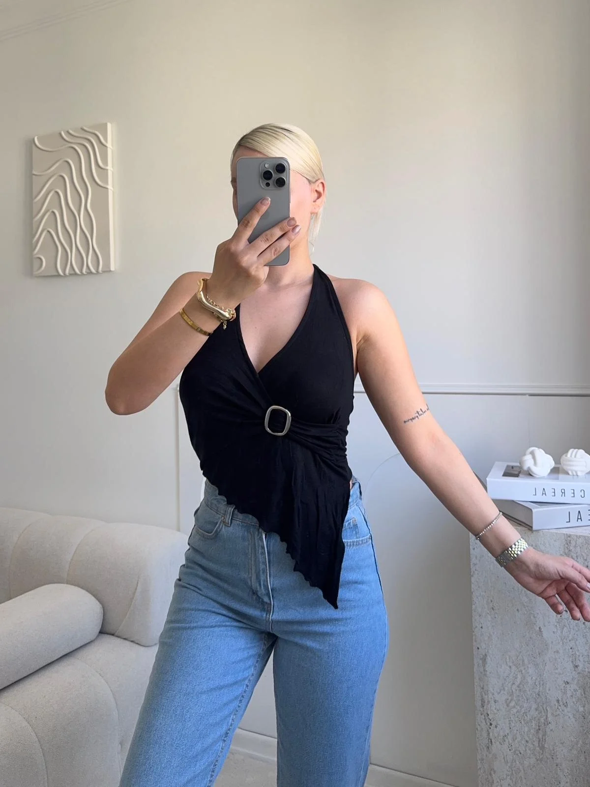 Kruvaze Tokalı Crop - SİYAH