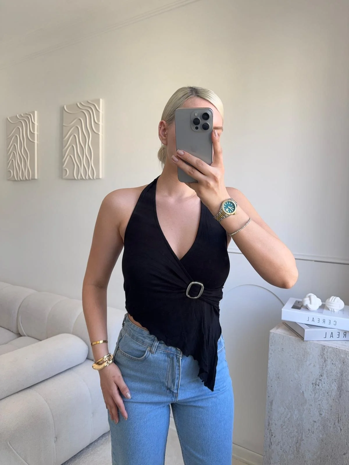 Kruvaze Tokalı Crop - SİYAH