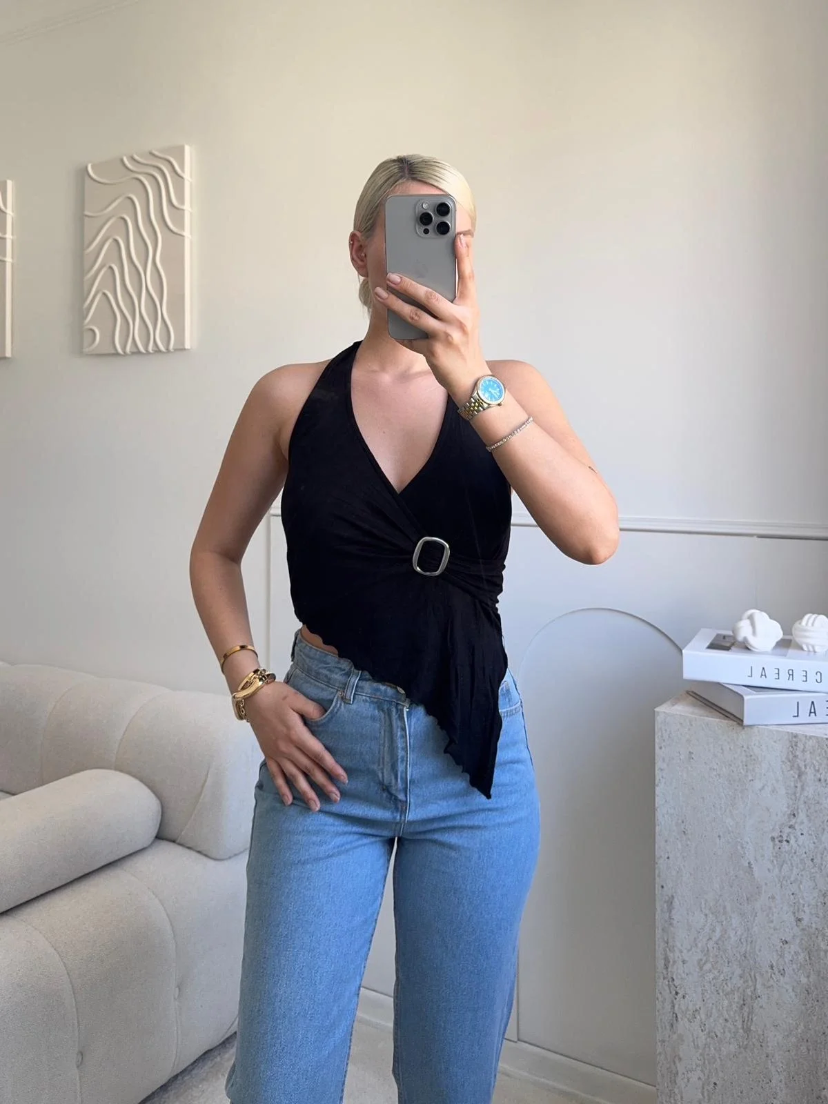 Kruvaze Tokalı Crop - SİYAH