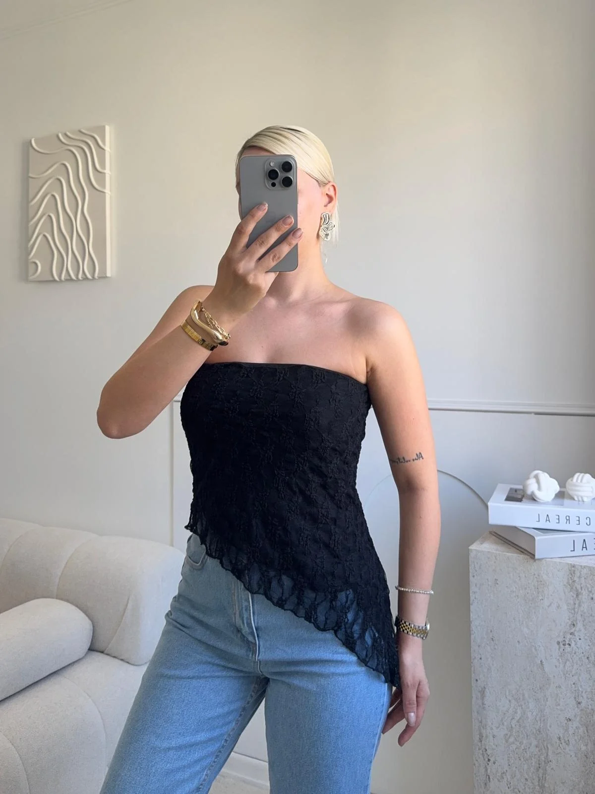 Asimetrik Dantel Crop - SİYAH