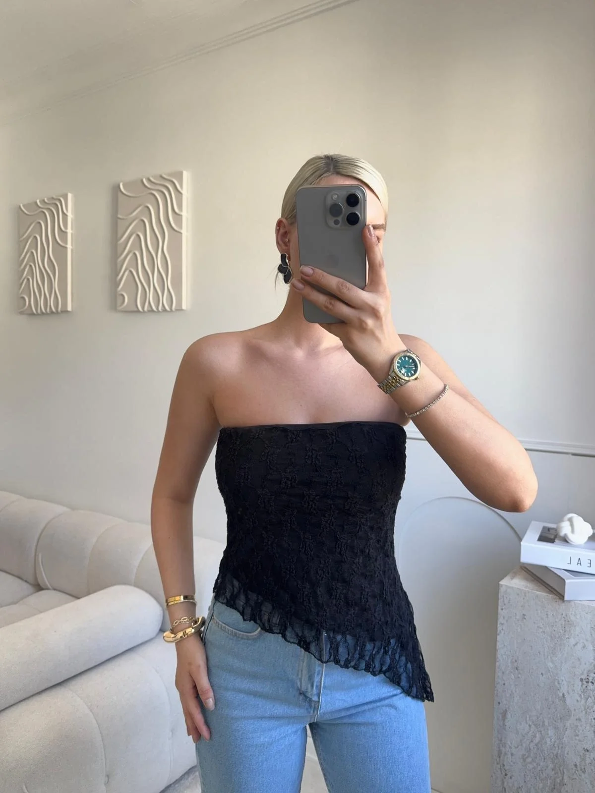 Asimetrik Dantel Crop - SİYAH