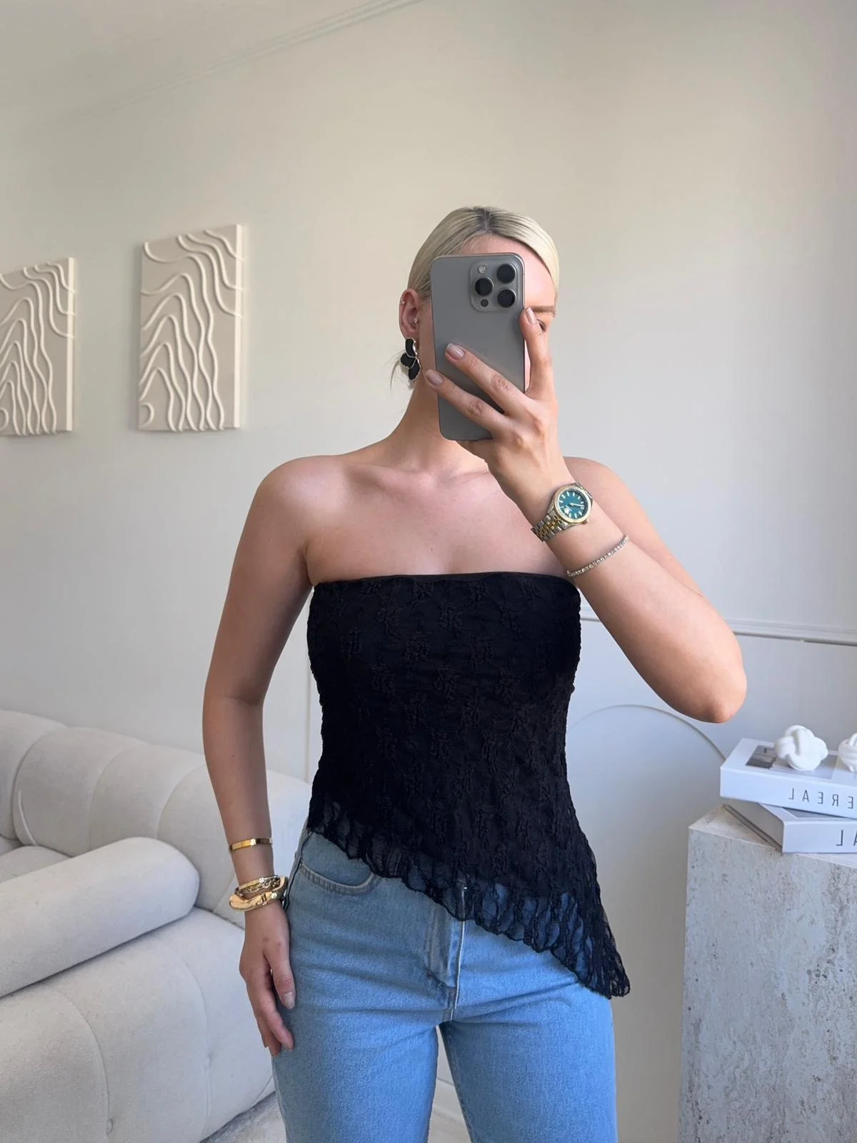 Asimetrik Dantel Crop - SİYAH