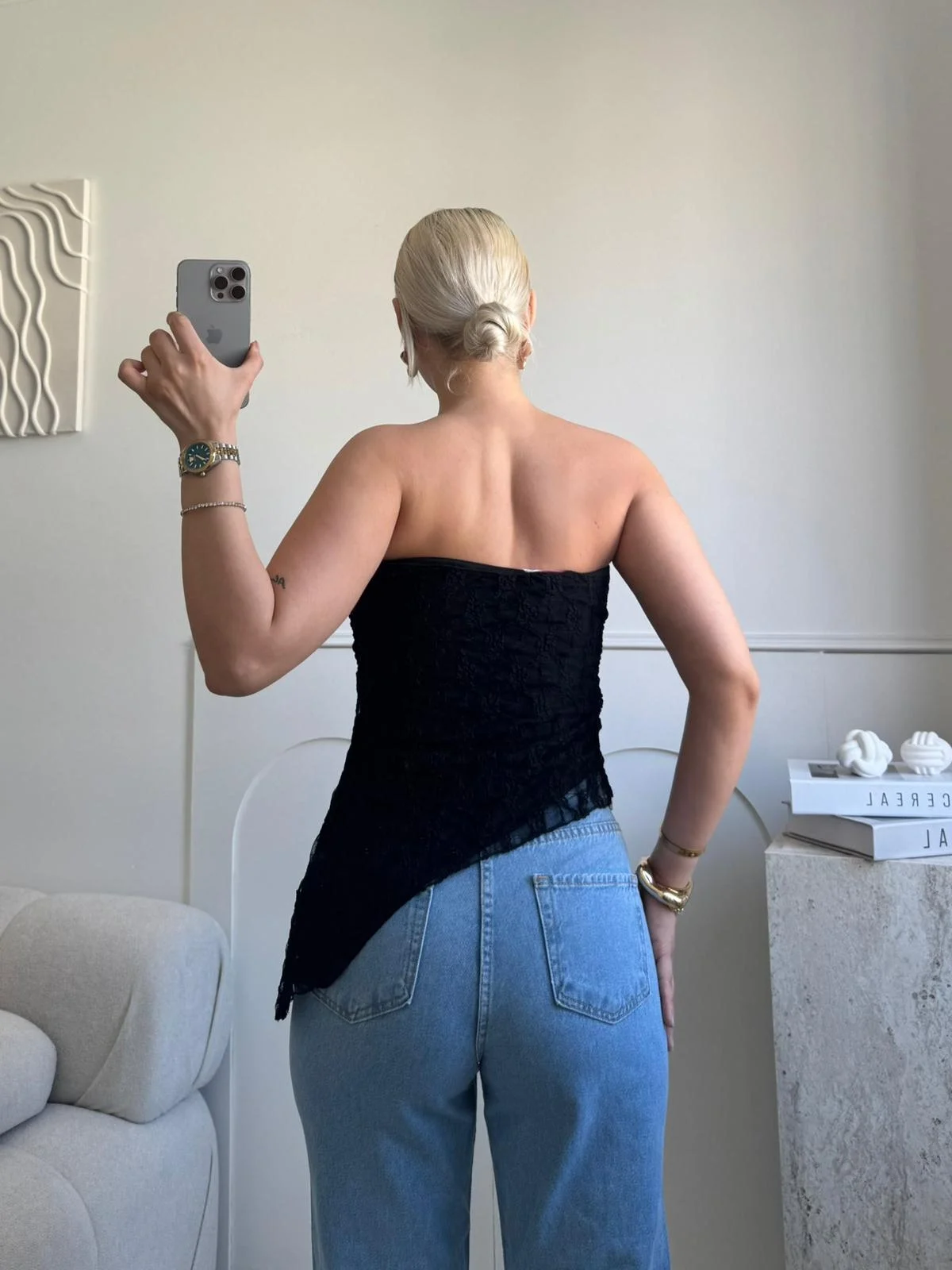 Asimetrik Dantel Crop - SİYAH