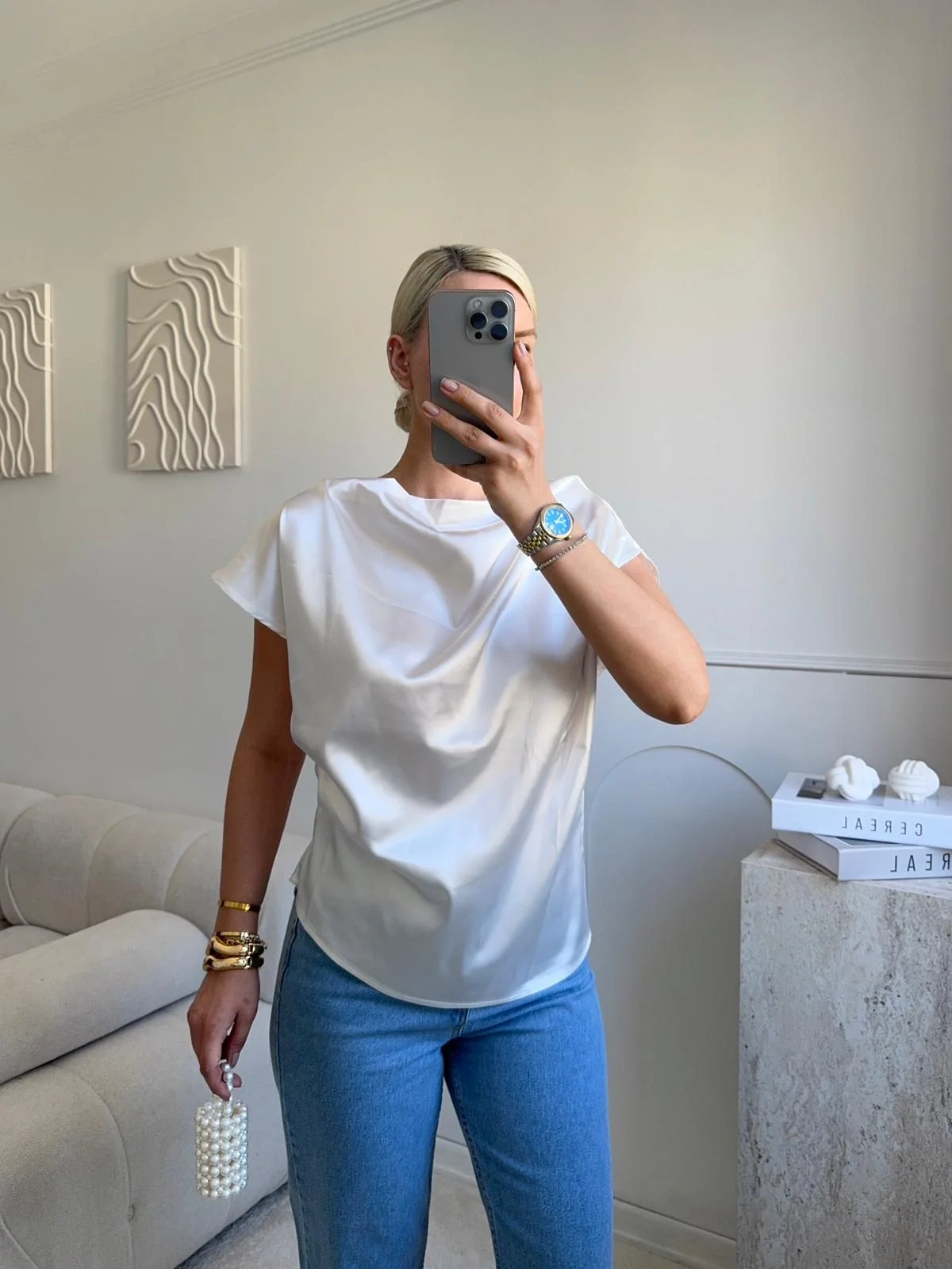 Kayık Yaka Saten Bluz - BEYAZ