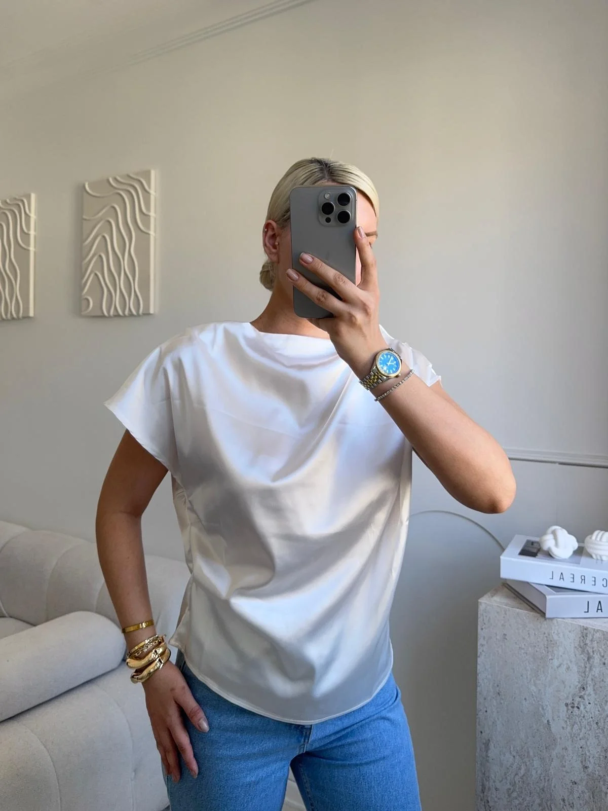 Kayık Yaka Saten Bluz - BEYAZ