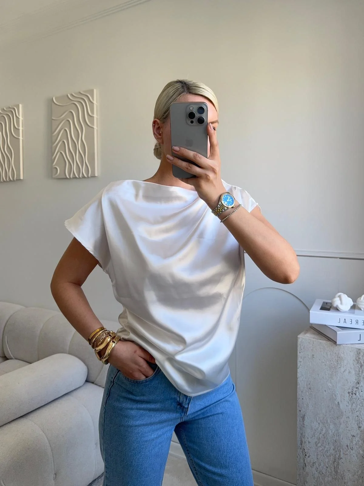 Kayık Yaka Saten Bluz - BEYAZ