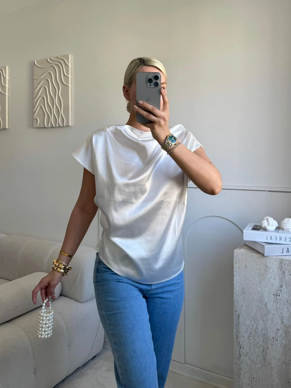 Kayık Yaka Saten Bluz - BEYAZ