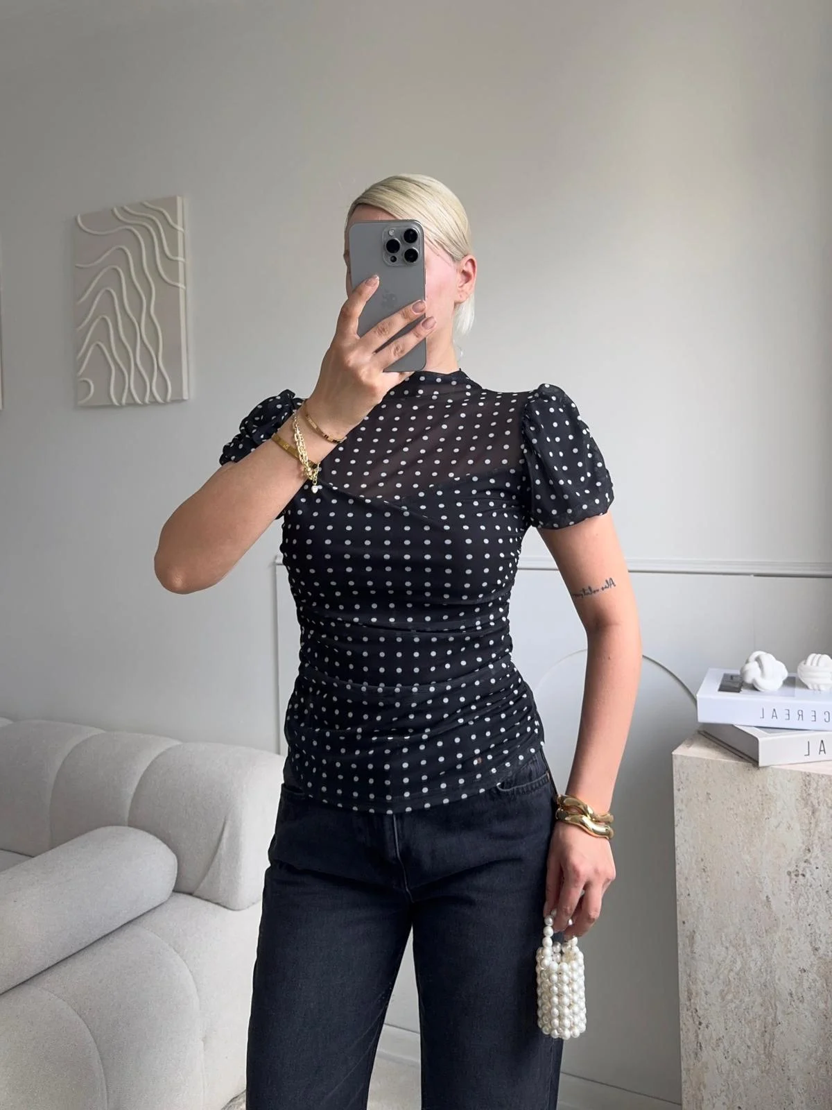 Puantiyeli Karpuz Kol Bluz - SİYAH