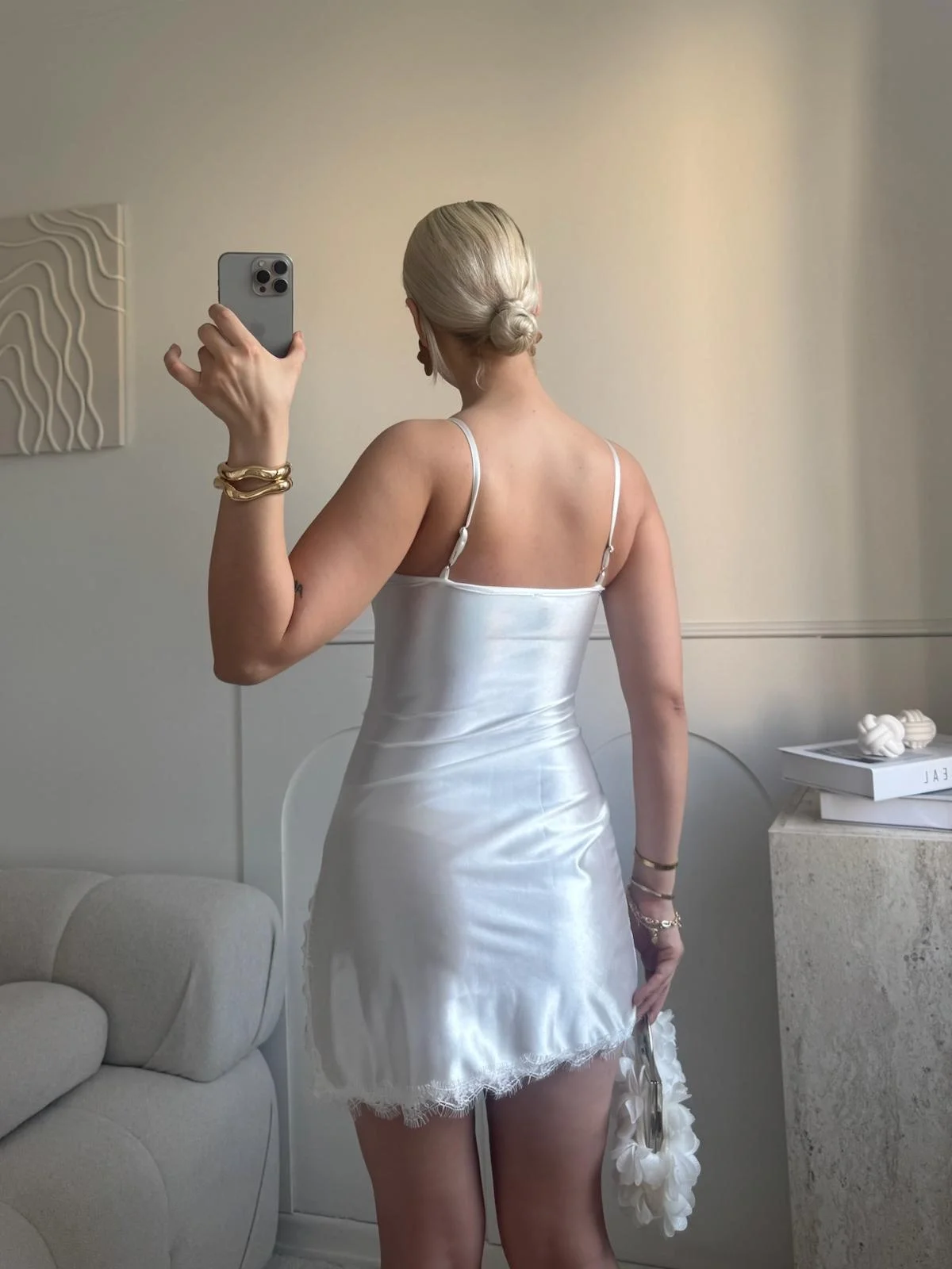 Dantel Detay Askılı Saten Elbise - BEYAZ