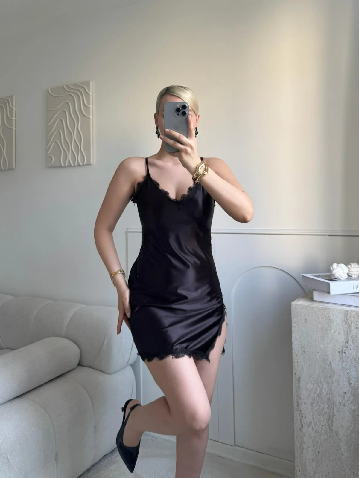 Dantel Detay Askılı Saten Elbise - KAHVE