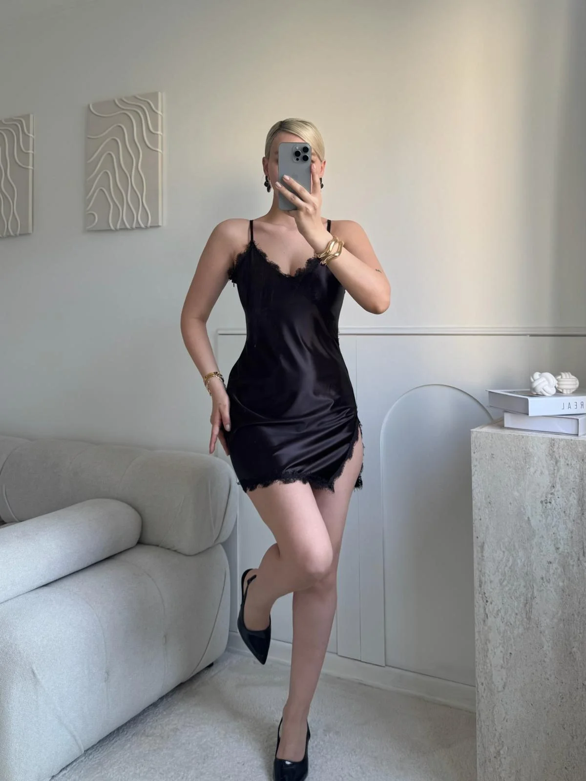 Dantel Detay Askılı Saten Elbise - KAHVE