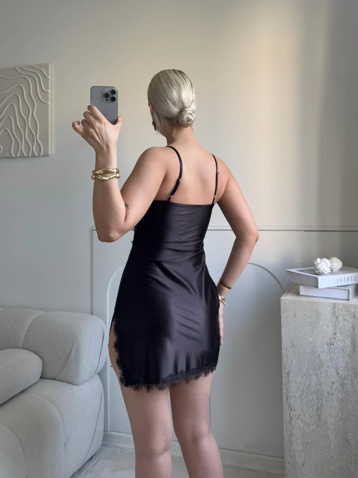 Dantel Detay Askılı Saten Elbise - KAHVE