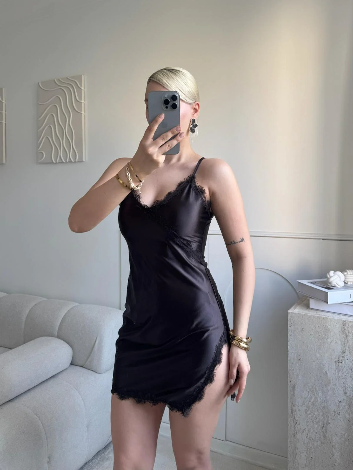 Dantel Detay Askılı Saten Elbise - KAHVE