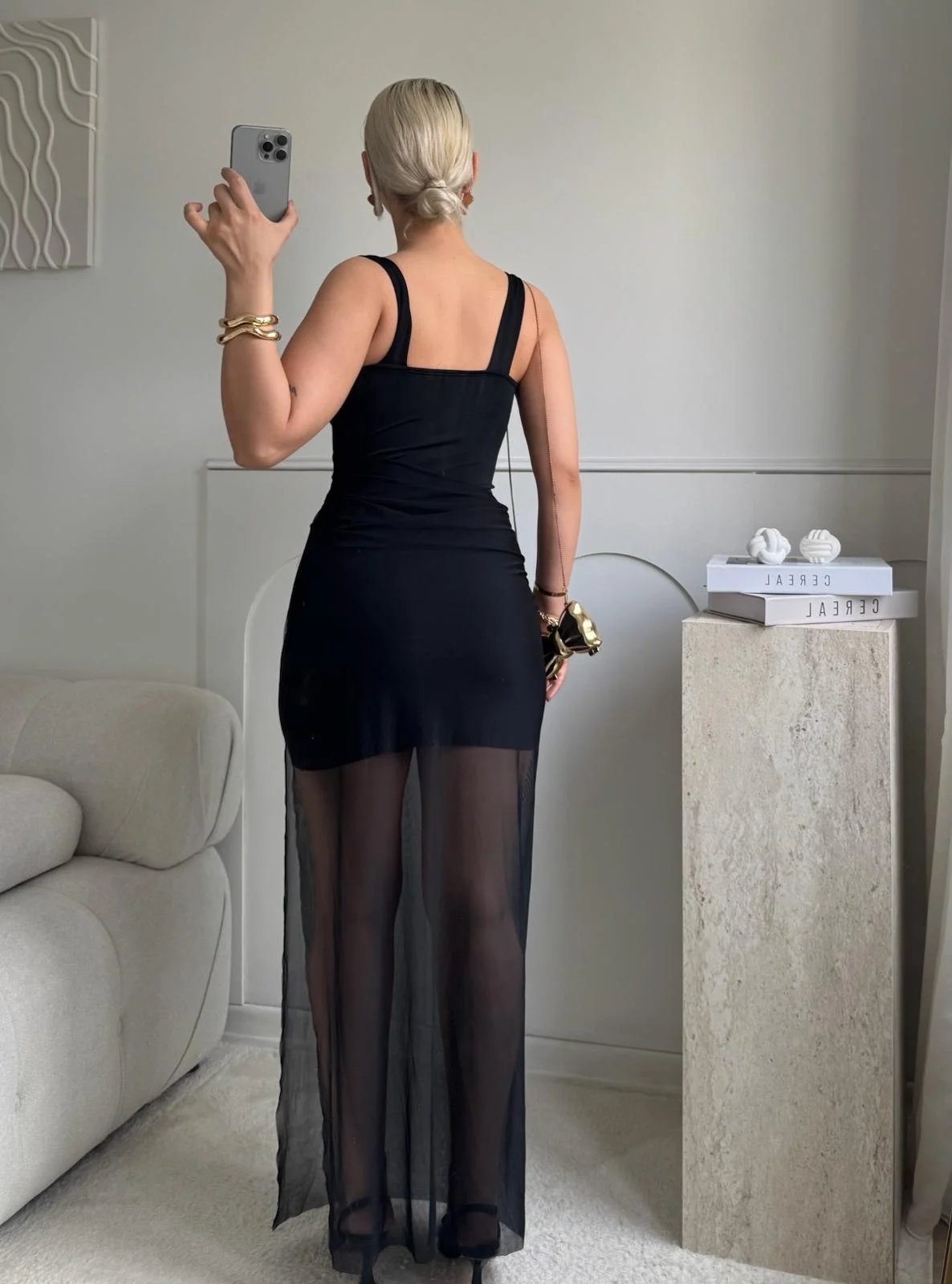 Bel Korse Eteği Tül Elbise - SİYAH