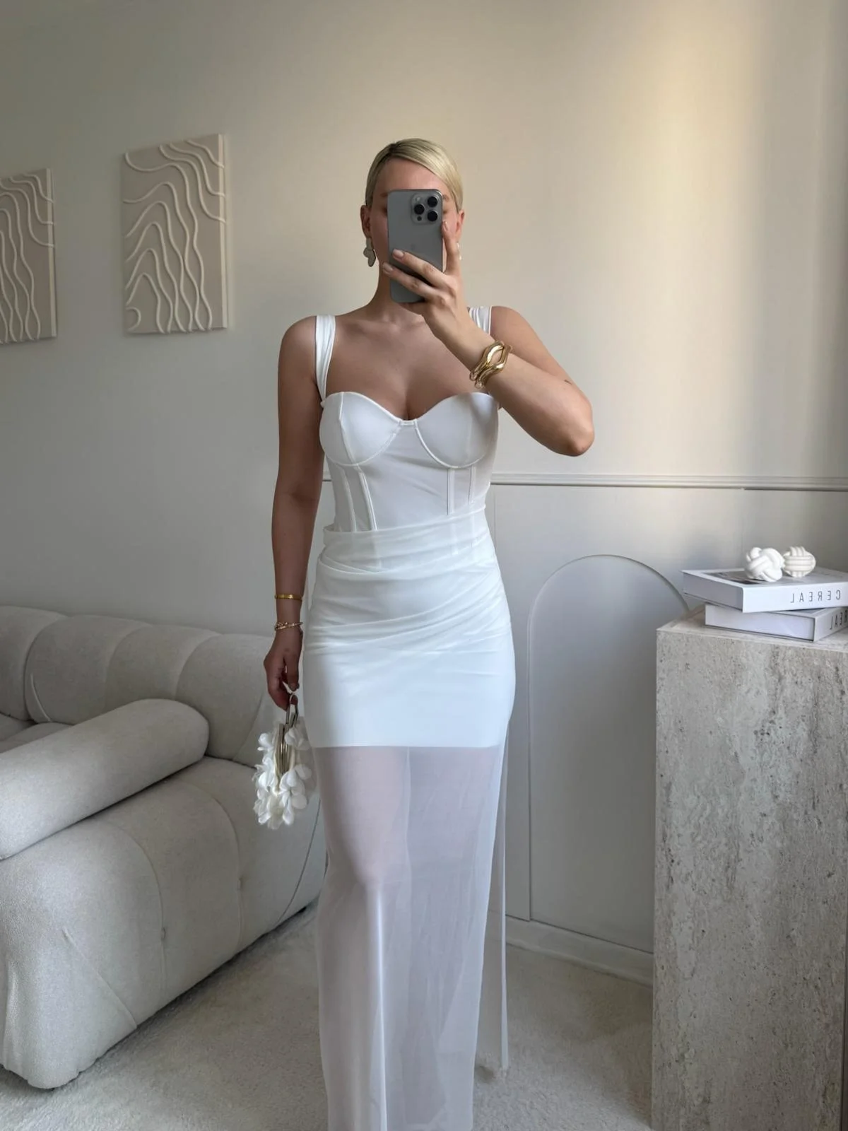 Bel Korse Eteği Tül Elbise - BEYAZ