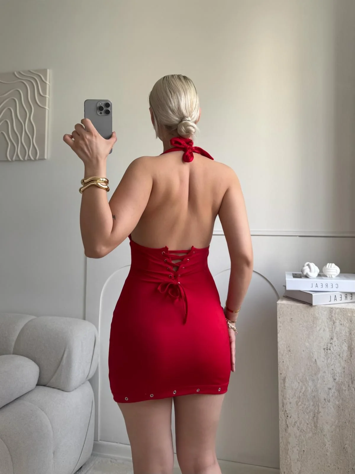 Boyun Bağlamalı Kuşgözü Elbise - KIRMIZI