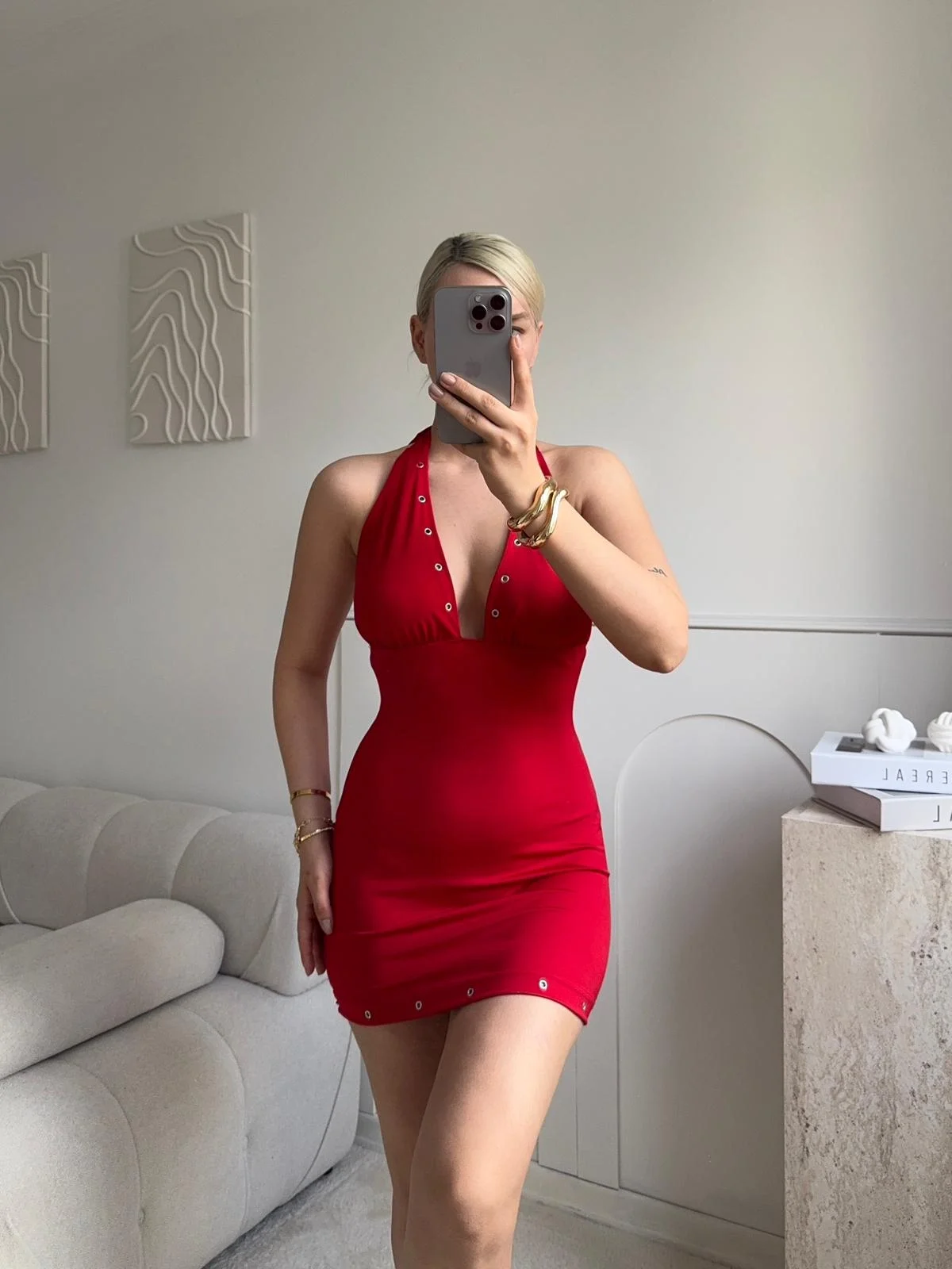 Boyun Bağlamalı Kuşgözü Elbise - KIRMIZI