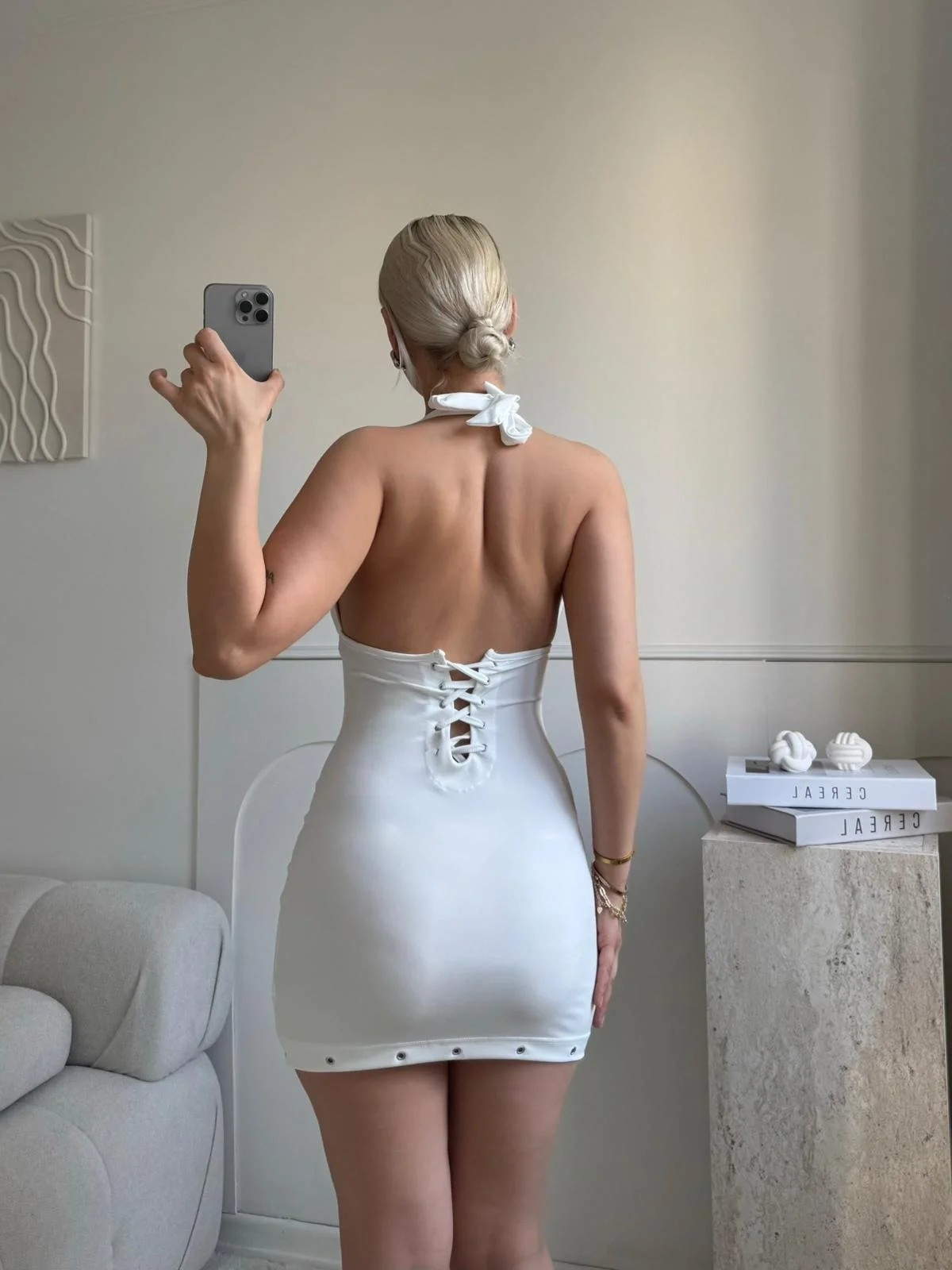 Boyun Bağlamalı Kuşgözü Elbise - BEYAZ