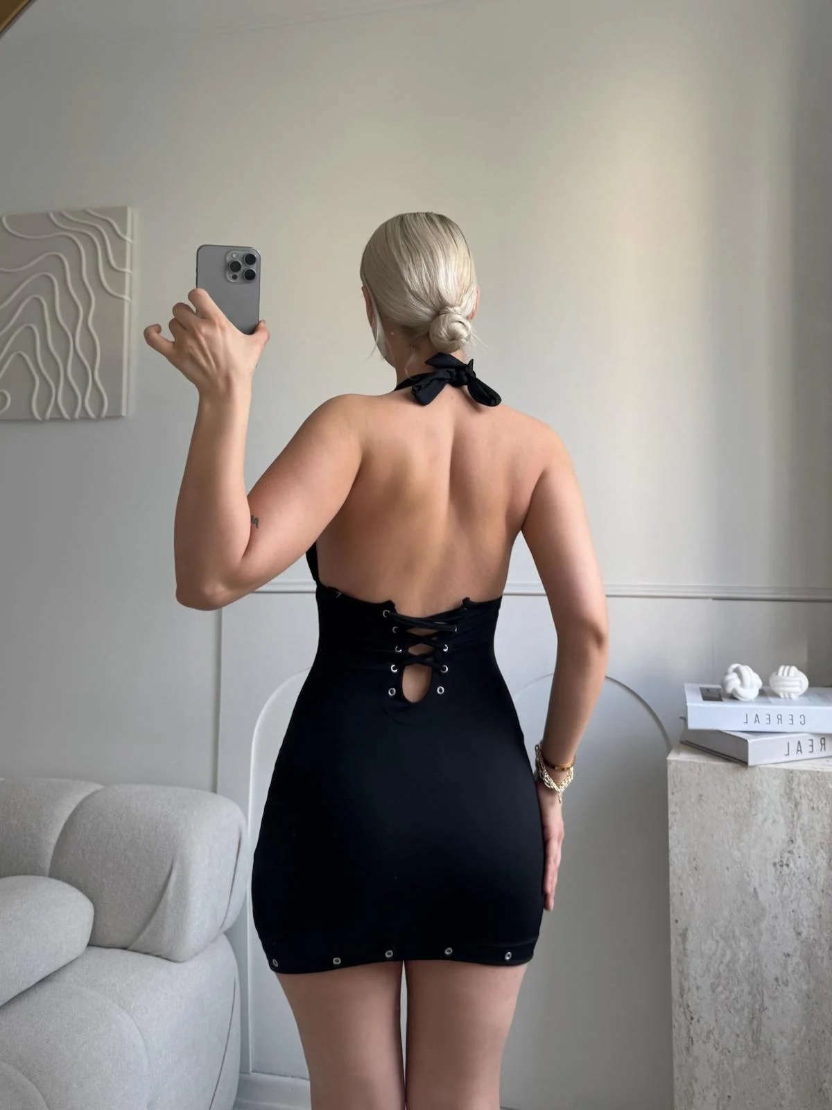 Boyun Bağlamalı Kuşgözü Elbise - SİYAH