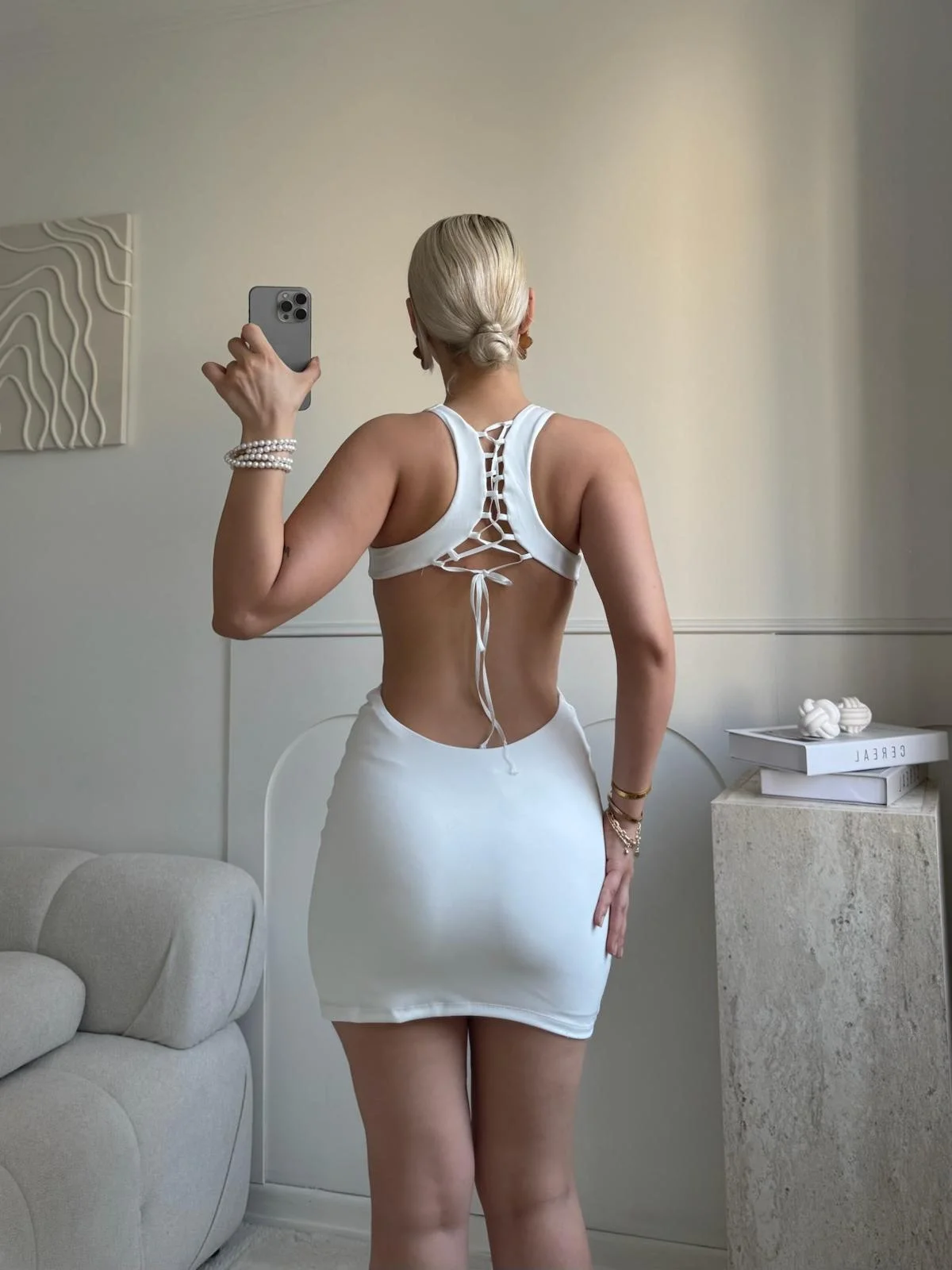 Sırt Dekolte Tasarım Elbise - BEYAZ