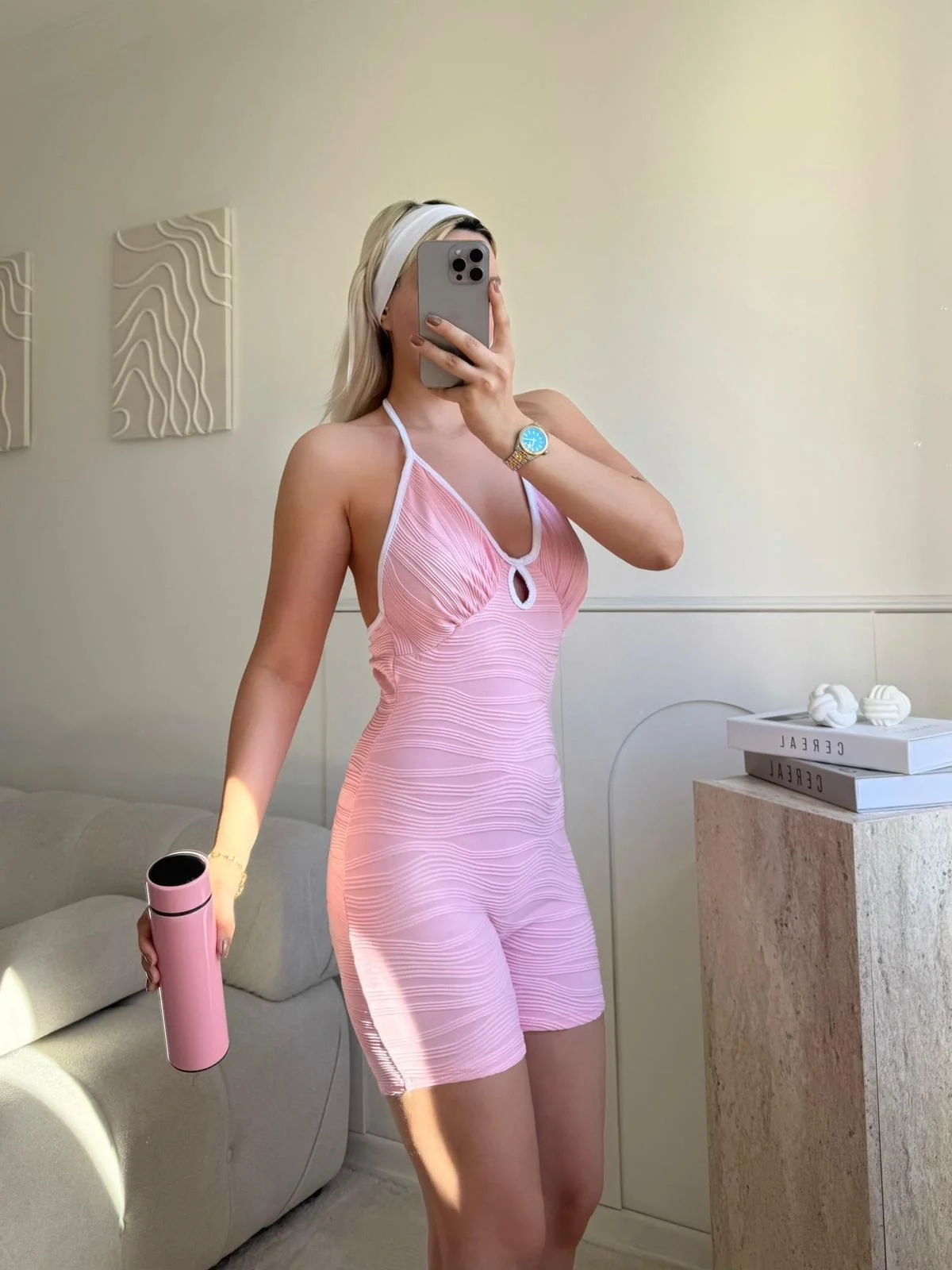 Askılı Damla Detay Şortlu Tulum - PEMBE