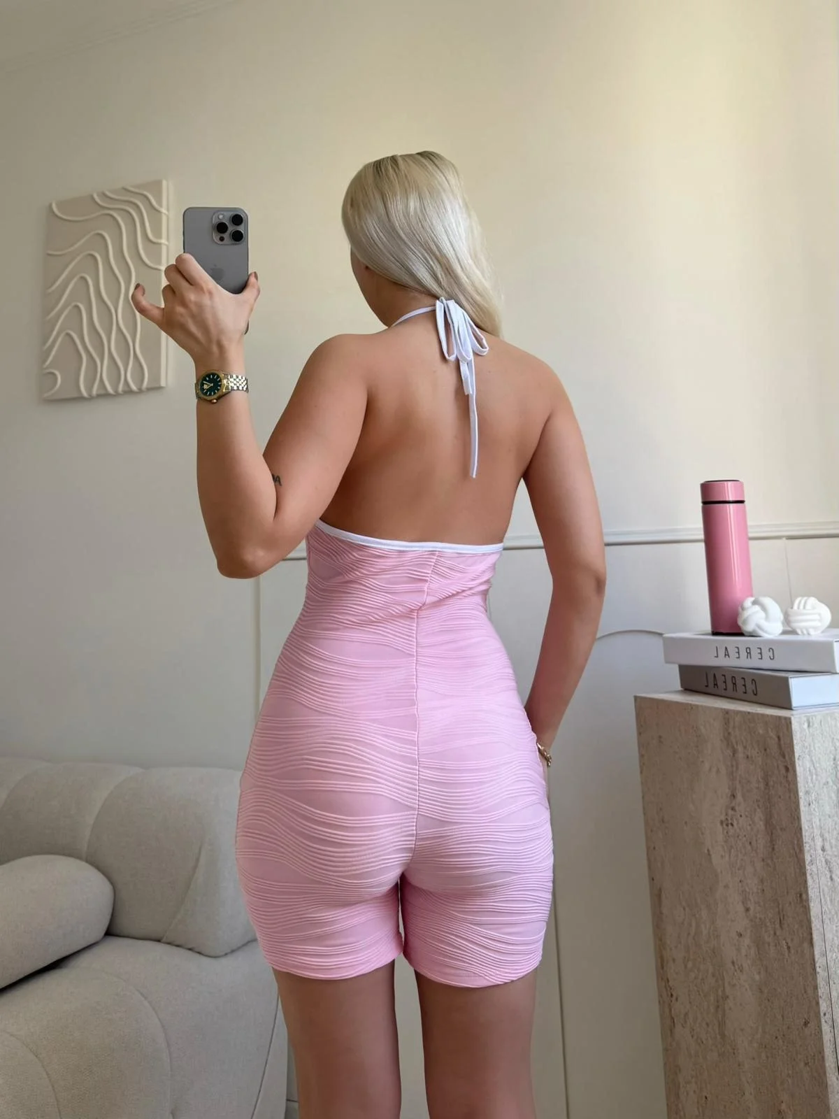 Askılı Damla Detay Şortlu Tulum - PEMBE