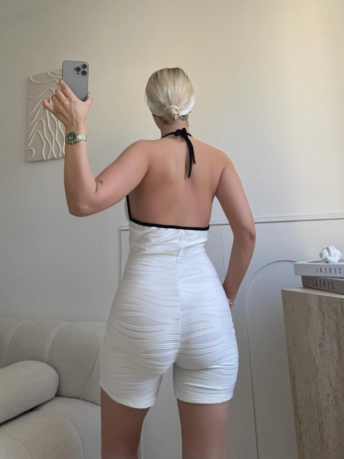 Askılı Damla Detay Şortlu Tulum - BEYAZ