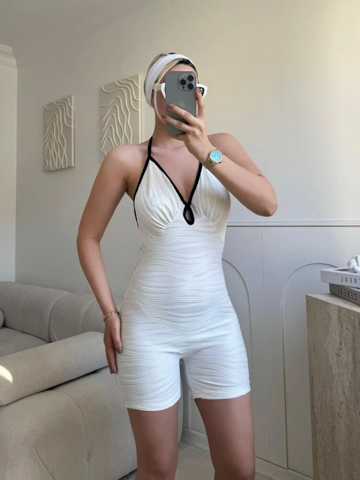 Askılı Damla Detay Şortlu Tulum - BEYAZ