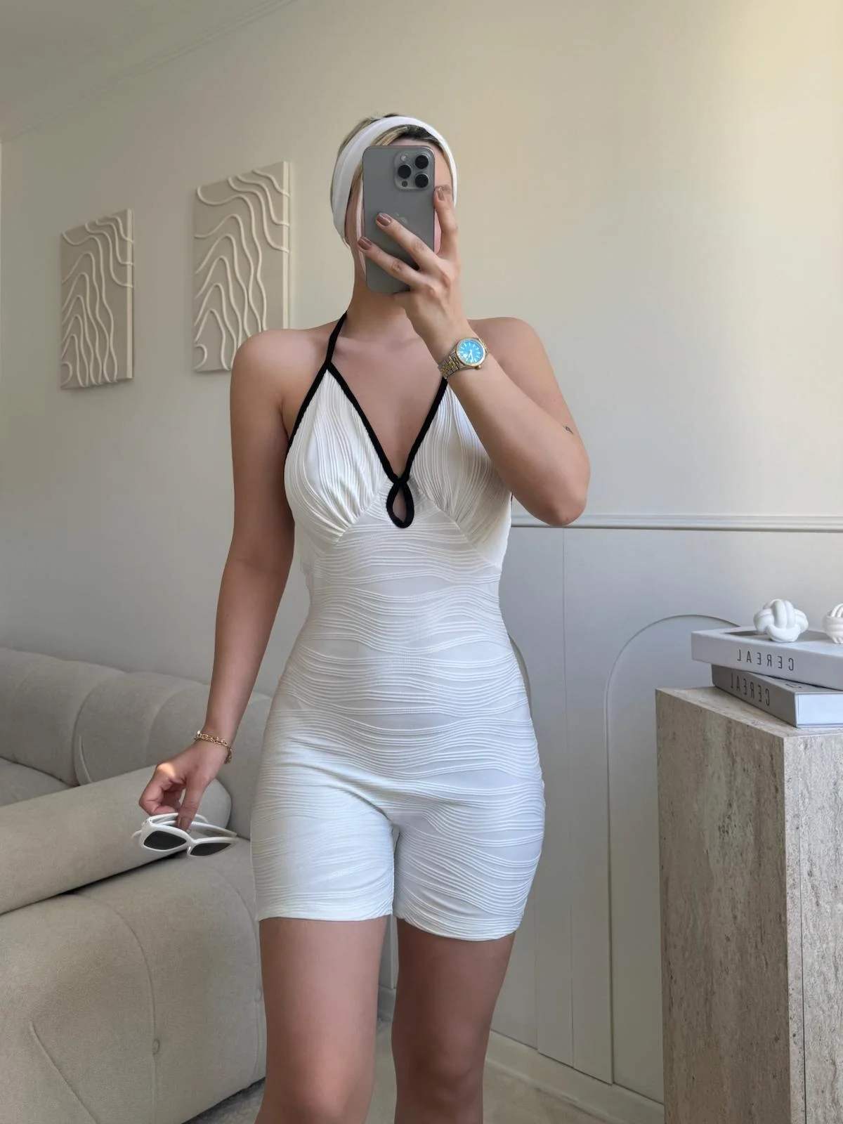 Askılı Damla Detay Şortlu Tulum - BEYAZ