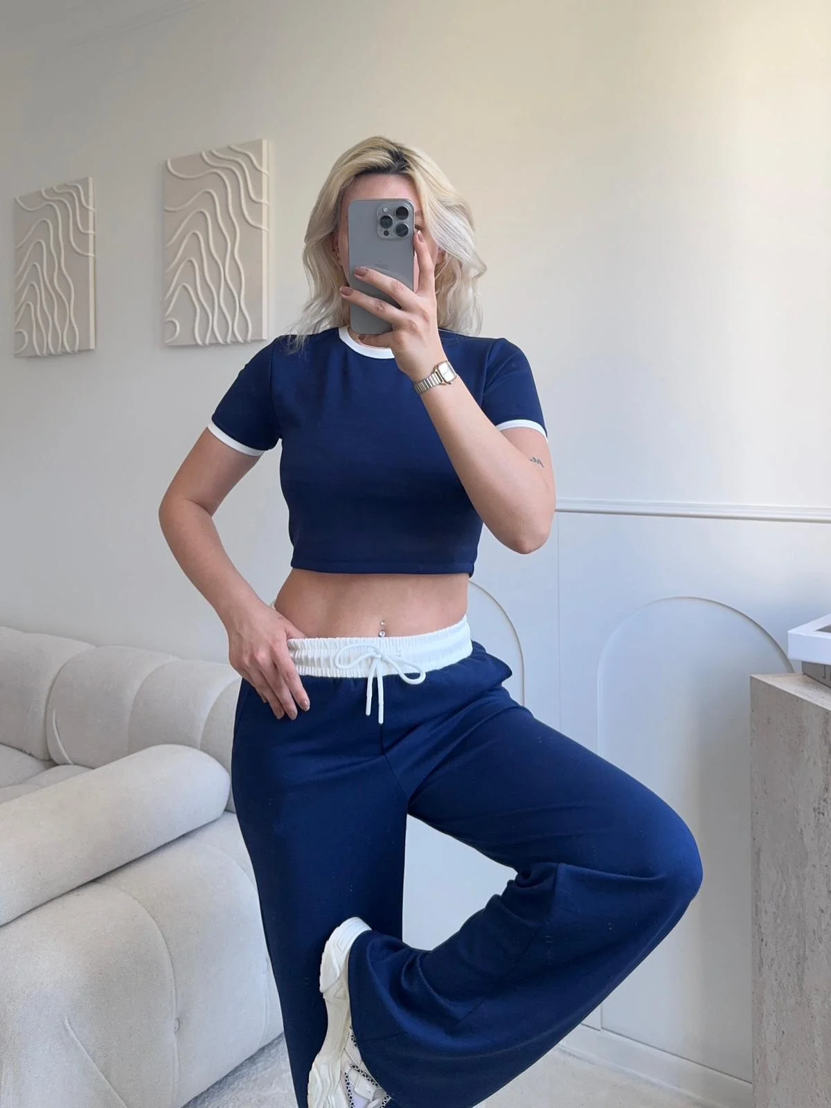 Biyeli Crop & Pantolon Takım - LACİVERT