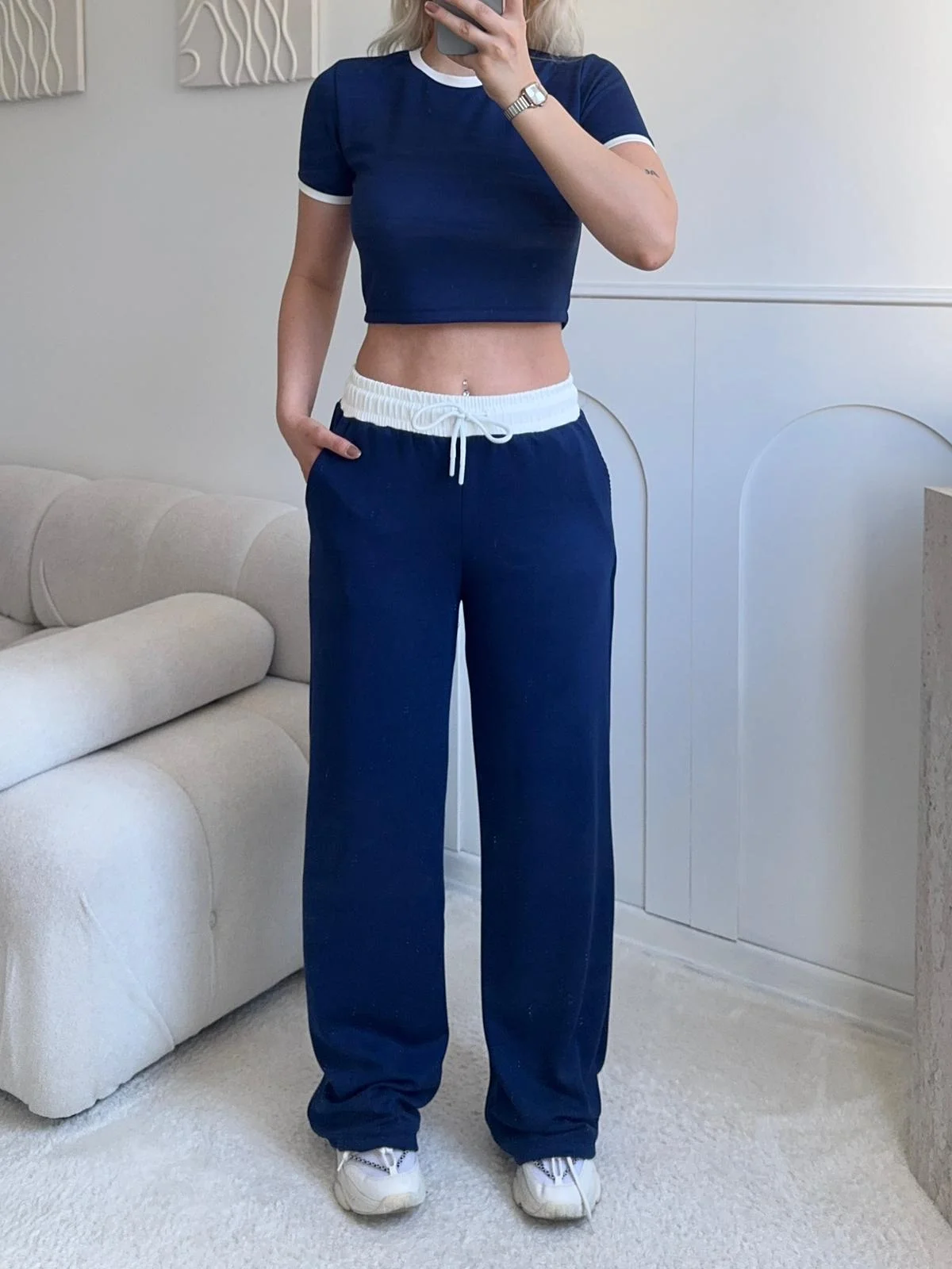 Biyeli Crop & Pantolon Takım - LACİVERT