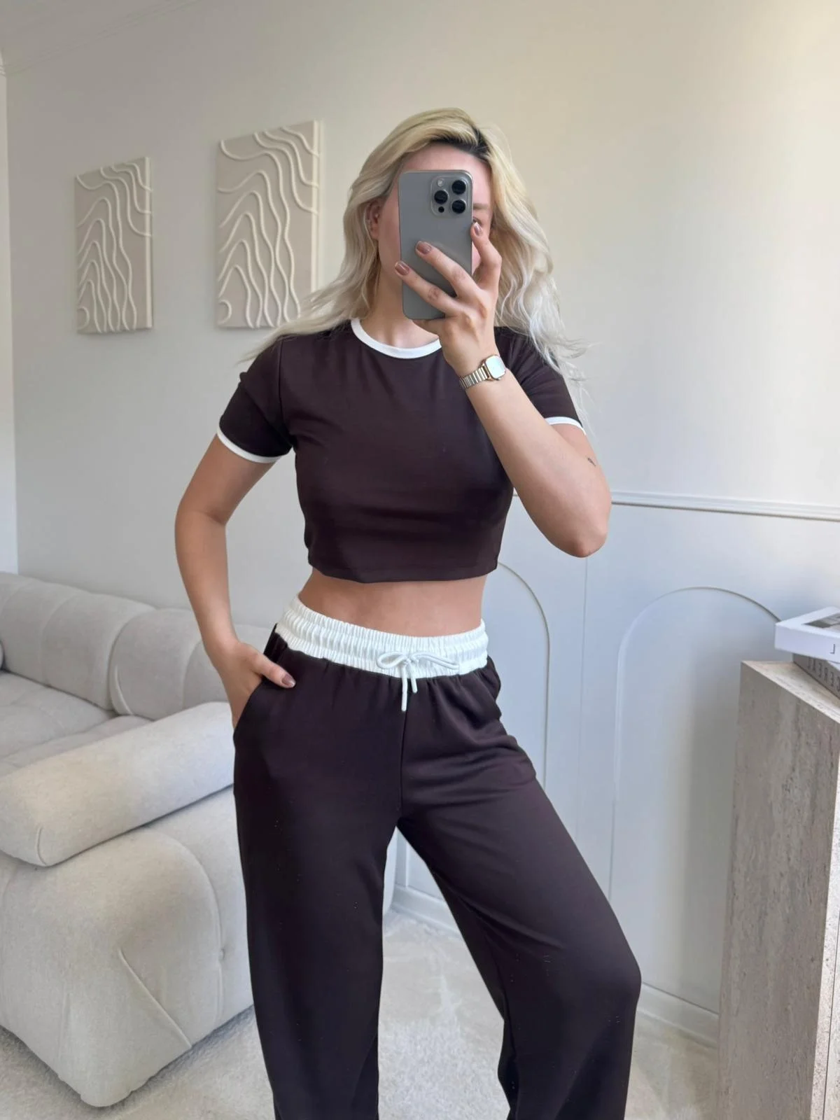 Biyeli Crop & Pantolon Takım - KAHVE