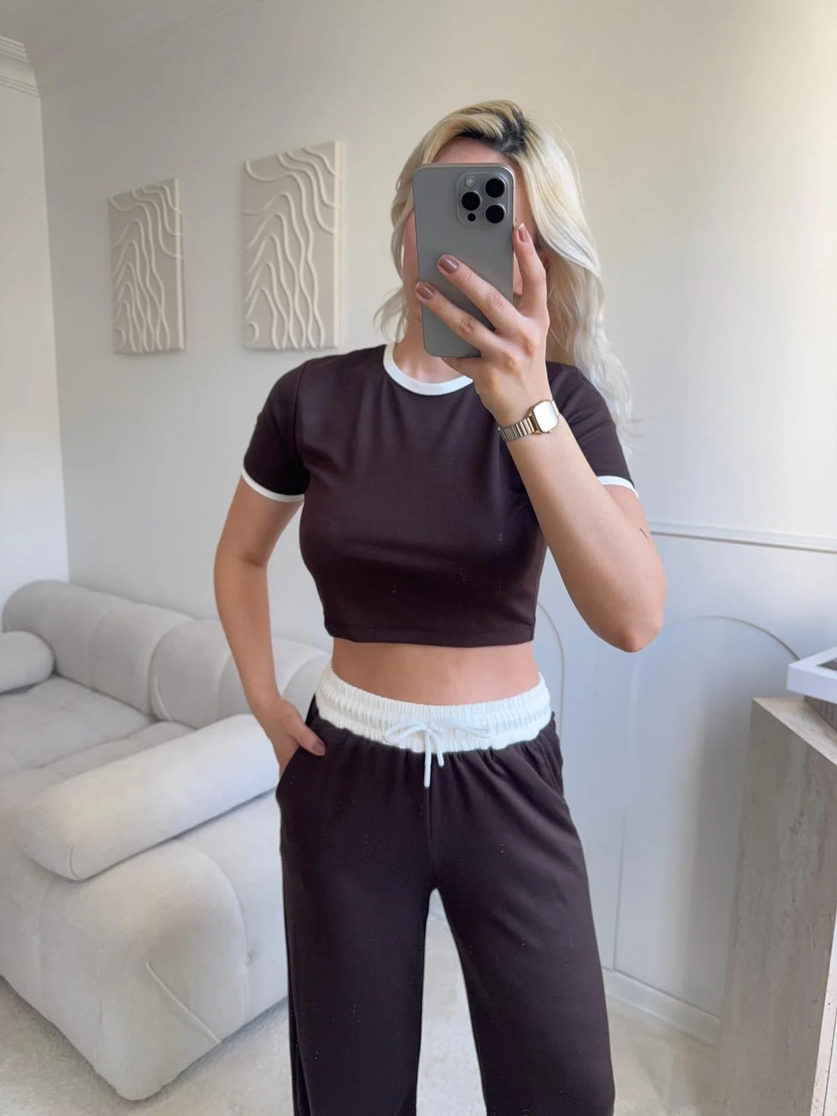 Biyeli Crop & Pantolon Takım - KAHVE