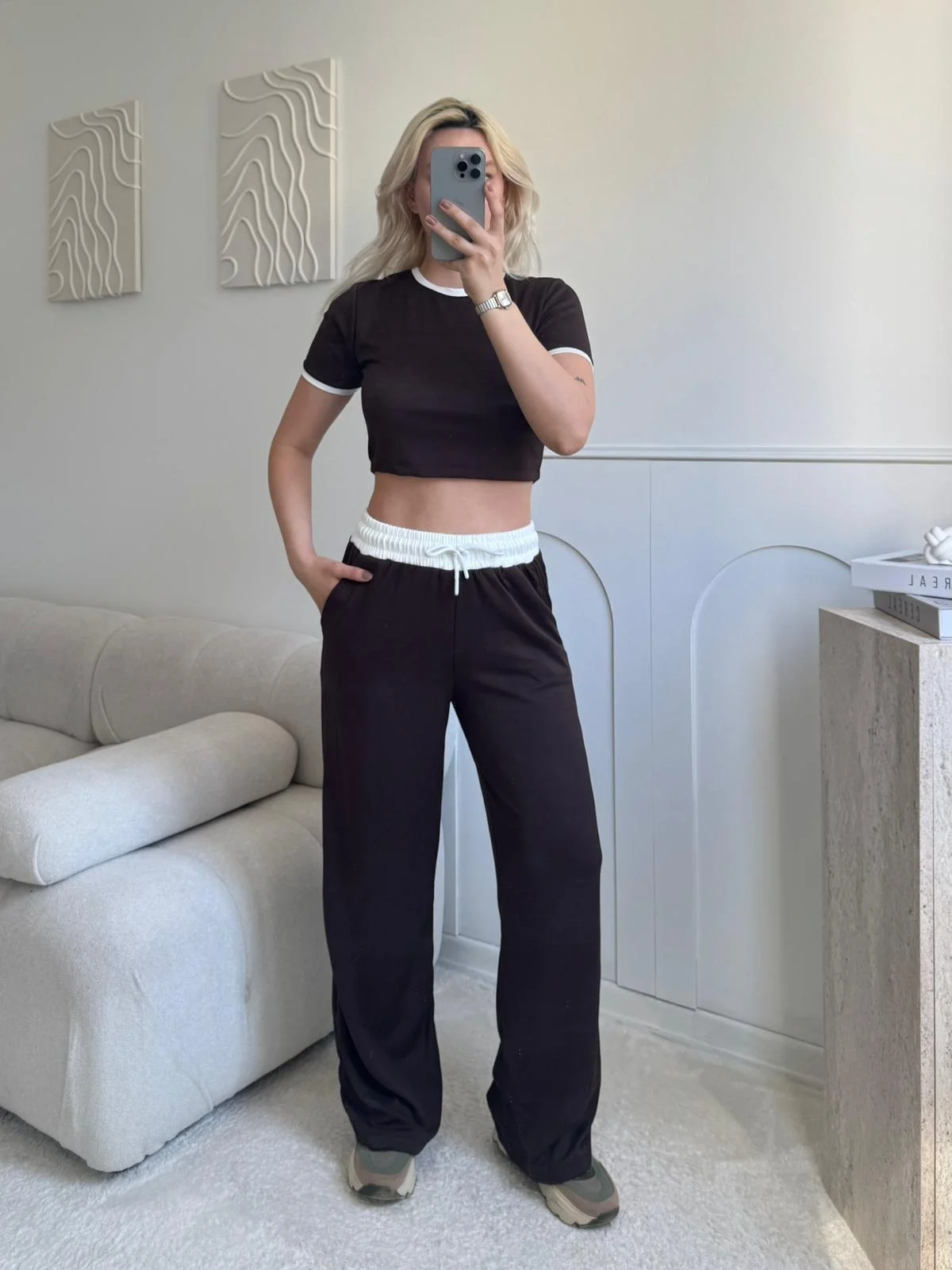 Biyeli Crop & Pantolon Takım - KAHVE