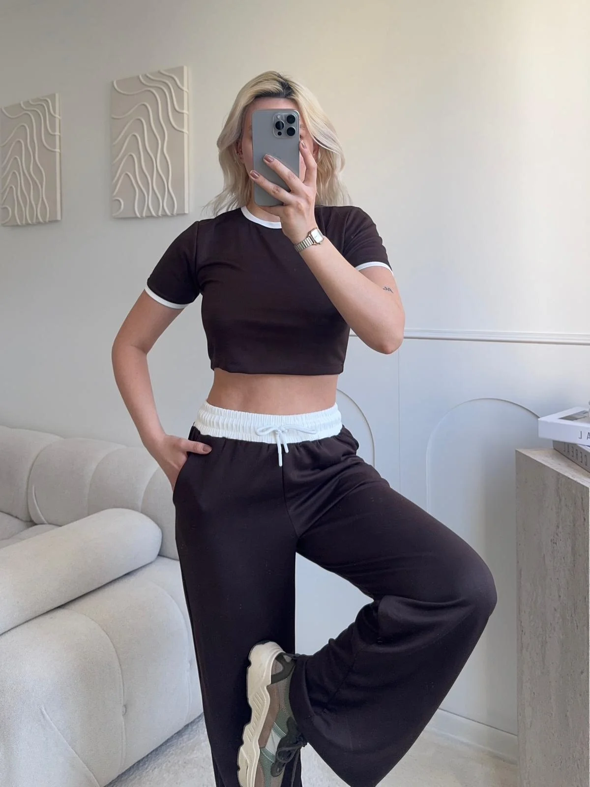 Biyeli Crop & Pantolon Takım - KAHVE