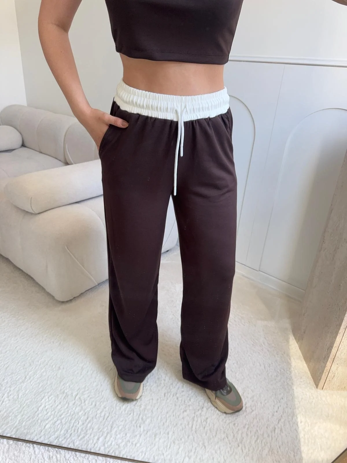 Biyeli Crop & Pantolon Takım - KAHVE