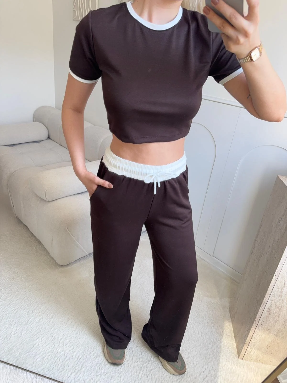 Biyeli Crop & Pantolon Takım - KAHVE