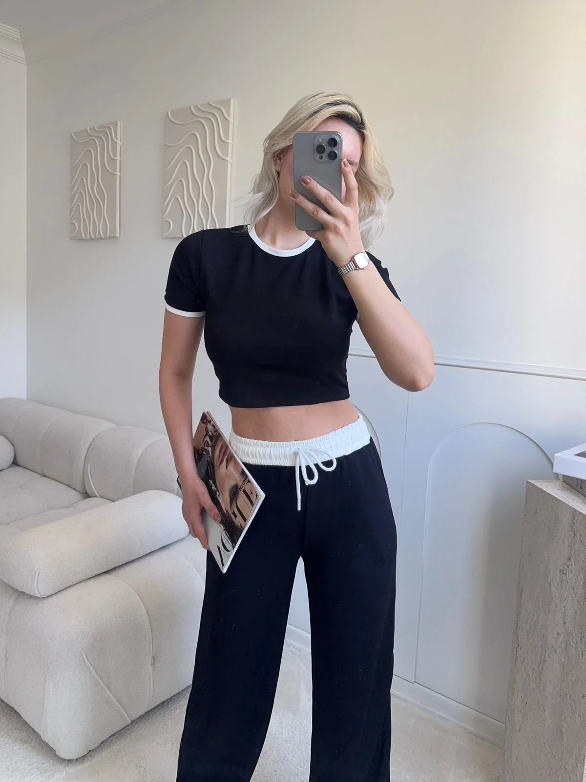Biyeli Crop & Pantolon Takım - SİYAH