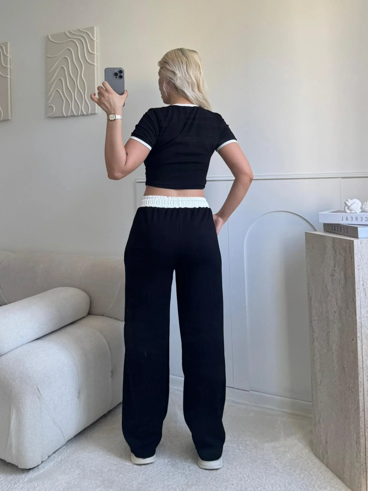 Biyeli Crop & Pantolon Takım - SİYAH