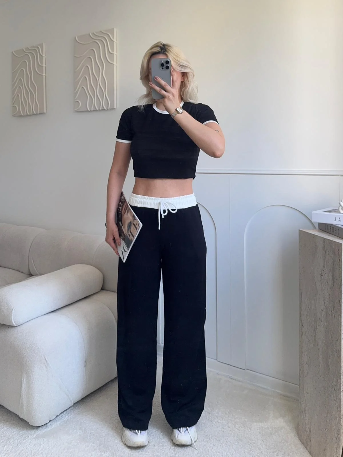 Biyeli Crop & Pantolon Takım - SİYAH