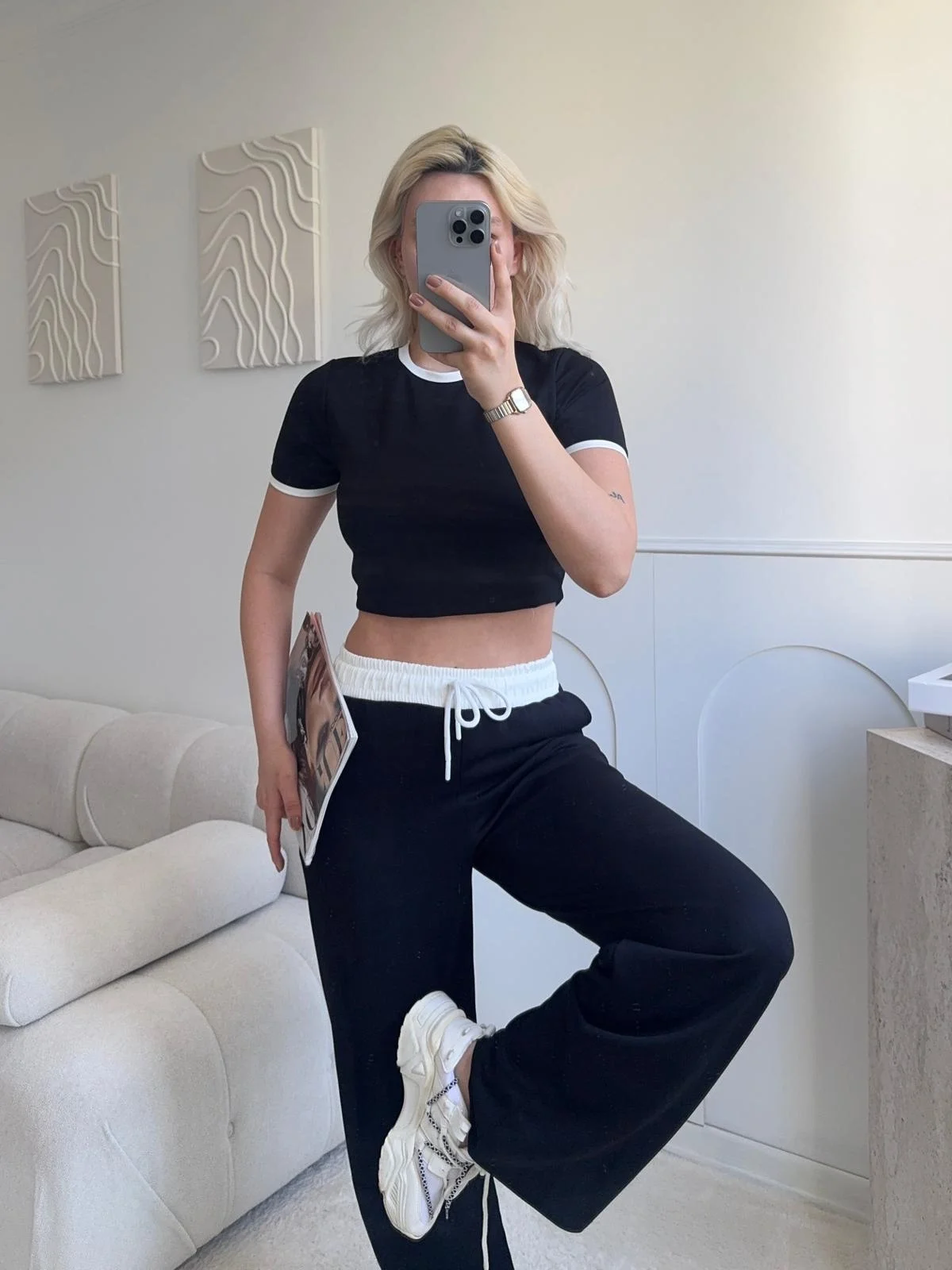 Biyeli Crop & Pantolon Takım - SİYAH